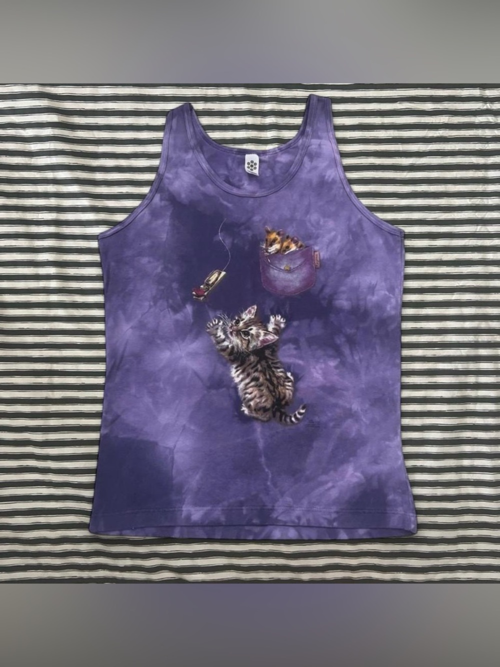 Classic Purple Tie-Dye Tank Top with Playful Kitten Pocket Graphic